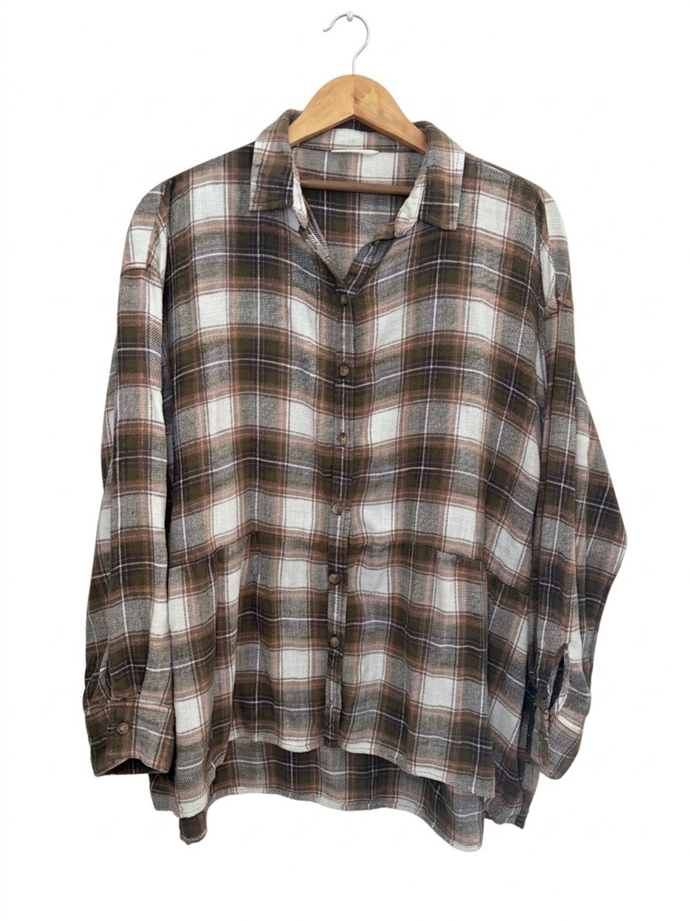 American Eagle Plaid Flannel Green Brown Peplum Button Down Shirt XL Boho